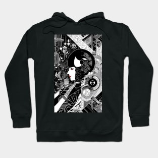Abstract Art Deco Woman Profile Mostly Black and White Hoodie